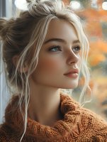Young Caucasian woman with blonde hair and blue eyes wearing brown knit sweater, looking away pensively against blurred autumn background with soft natural lighting.