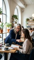 Senior businesswoman mentoring young female colleague in modern cafe with plants. Professional women discussing work over coffee in bright restaurant setting.