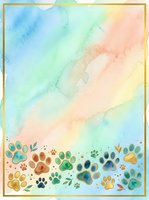 Watercolor gradient background with colorful paw prints and botanical elements at bottom, isolated on white with gold frame border, suitable for pet-related designs, greeting cards, and children's projects.