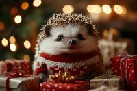 Adorable hedgehog wearing festive red sweater surrounded by wrapped Christmas presents with warm bokeh lights creating magical holiday atmosphere.
