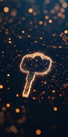 Glowing digital cloud key icon on dark background with network connections and bokeh lights, representing cloud security and data access.