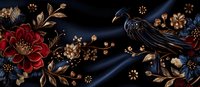 Elegant dark floral composition with deep red peony, golden cherry blossoms and mystical black raven on midnight blue background with metallic accents.