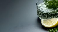 Refreshing gin and tonic cocktail with fresh lemon slice and rosemary garnish on gray background, perfect for beverage, hospitality, and bar design projects.