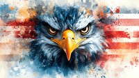 Fierce bald eagle head with intense gaze against watercolor American flag background, dramatic patriotic artwork in blue and red tones with splatter effect.
