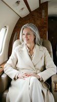 Confident mature businesswoman in elegant white coat sitting in luxury private jet cabin smiling during business travel flight.