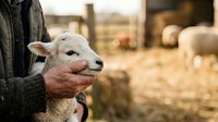 Young lamb held in farmer's hands at rural farm, livestock agriculture and animal husbandry concept for agricultural industry and farming business.