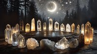 Mystical crystal circle arrangement in forest under crescent moon and starry night sky, creating spiritual ambiance.