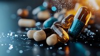 Scattered pharmaceutical capsules and pills on dark background with bokeh light effects and selective focus, medical concept for healthcare industry.
