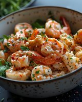 Succulent seasoned shrimp garnished with fresh herbs and spices in ceramic bowl, close-up view of gourmet seafood dish with pepper and parsley.