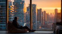 Young professional man working on laptop by floor-to-ceiling windows overlooking urban skyline at golden hour sunset, modern apartment living concept.