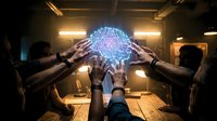Business team collaborating around glowing digital brain hologram representing artificial intelligence and innovation in modern office environment.