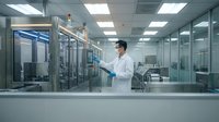 Asian male scientist in white lab coat working with tablet computer in modern sterile pharmaceutical manufacturing facility with glass walls and equipment.