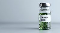 Medical vial with green liquid labeled Wisdom and barcode on minimalist gray background, concept for knowledge or intelligence enhancement.