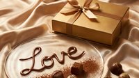 Chocolate syrup spelling Love on a plate beside truffles and a gold gift box on satin fabric for Valentine's Day romance.