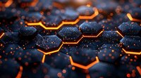 Futuristic hexagonal surface with glowing orange light between dark textured panels, creating a high-tech cyberpunk atmosphere.