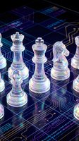 Transparent glass chess pieces on futuristic digital circuit board with glowing neon lights representing artificial intelligence and strategic technology concepts.