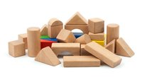 Wooden building blocks set with colorful geometric shapes isolated on white background for educational play and creative construction activities.