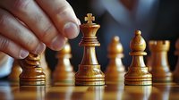 Hand moving wooden king chess piece on board with other pieces in background, showcasing strategy and decision-making in competitive gameplay.