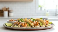 Grilled shrimp tacos with cabbage slaw, avocado, lime, and creamy sauce served on a rustic plate in a bright modern kitchen.