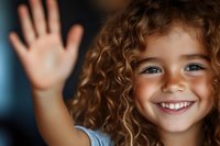 Young girl with natural curly hair waves hello with bright smile and joyful expression, close-up portrait against dark background.