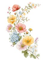 Delicate floral arrangement featuring coral poppies, yellow buttercups, blue hydrangeas, and white blossoms with soft green foliage on white background, ready for design use.