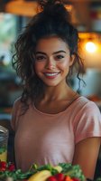 Young woman with curly hair in messy bun smiling warmly while enjoying healthy food and fresh smoothie at cafe. Natural lighting creates cozy atmosphere.