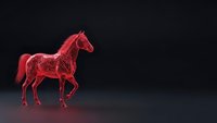 Red wireframe horse model with glowing neon effect on dark background for technology and digital art projects.