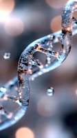 Glowing DNA helix structure with water drops and bokeh effects in blue and copper tones against dark background, macro view for scientific and medical concepts.
