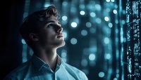 Young Caucasian male professional looking up at glowing digital data stream against dark background with bokeh lights, representing future technology and innovation.