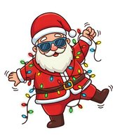 Cool Santa Claus dancing with sunglasses wrapped in colorful Christmas lights on white background. Holiday party celebration cartoon character.