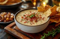 Creamy cheese dip topped with crispy bacon bits and fresh herbs served in ceramic bowl with tortilla chips on rustic wooden board. Appetizing party snack.