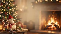 Festive snowman figurine with red hat and scarf displayed on wooden surface among holiday decorations, glowing fireplace and illuminated tree in warm bokeh background.