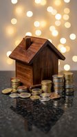 Wooden house model with stacked coins on dark surface against warm bokeh lights background representing real estate investment and savings concept.
