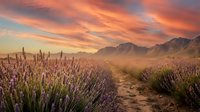 Lavender field at sunset with dramatic orange sky and mountain backdrop creating peaceful rural landscape for relaxation and aromatherapy concepts.