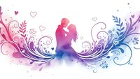 Romantic couple silhouette with watercolor gradient and decorative floral swirls, hearts floating around lovers embracing in tender moment for wedding design.