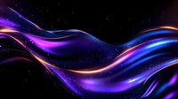 Vibrant flowing waves of blue, purple and pink light create dynamic motion against starry black background, suggesting energy and cosmic movement.