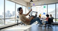 Relaxed Asian businessman using laptop in modern office with city view, casual workplace environment with team collaboration in background.