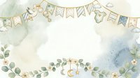Watercolor baby shower background with bunting flags, hanging moon and stars, eucalyptus garland, and floral accents on isolated white backdrop for greeting cards and invitations.