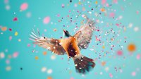 Flying robin with spread wings surrounded by pink and orange bokeh lights and falling petals against turquoise sky background creates magical spring atmosphere.