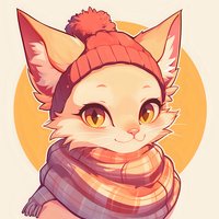 Cute cartoon cat wearing winter knit hat with pom-pom and striped scarf against orange circle background, drawn in warm pastel anime style.