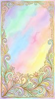 Pastel rainbow watercolor background with ornate gold floral border, soft blended hues of pink, mint, lavender and yellow for cards or invitations.