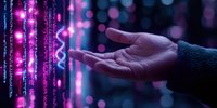 Digital transformation concept showing male hand reaching towards glowing pink data streams and binary code against dark background with bokeh lights.