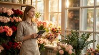 Young female florist arranging colorful bouquets in bright flower shop with large windows. Professional woman working with fresh blooms in floral business.