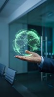 Businessman hand holding holographic green globe with network connections in modern office environment for global business technology concepts.