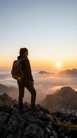 Young woman hiker wearing backpack standing on rocky mountain peak at sunrise, gazing at golden sun over misty valley landscape below.