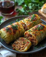 Stuffed cabbage rolls with meat and rice filling, garnished with fresh herbs on dark plate. Traditional homemade dish with golden-brown crust and savory sauce.