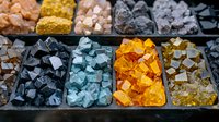 Colorful mineral crystals and gemstones displayed in compartments at market stall, including orange, blue, gray and yellow specimens arranged in organized sections.