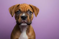 Adorable brown and white boxer puppy with expressive eyes and wrinkled forehead looking directly at camera against purple background, pet portrait studio photography.