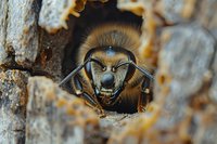Extreme close up macro photography of wild bee emerging from nest hole in wood, showing detailed face, compound eyes, and antennae in natural environment.