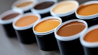 Coffee pods in black plastic cups with various shades of coffee and cream arranged in rows, showing depth of field and selective focus on beverage containers.
